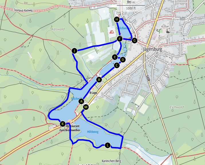 Karte von Jägersburg mit blauem Wanderweg und markierten Punkten entlang der Route.