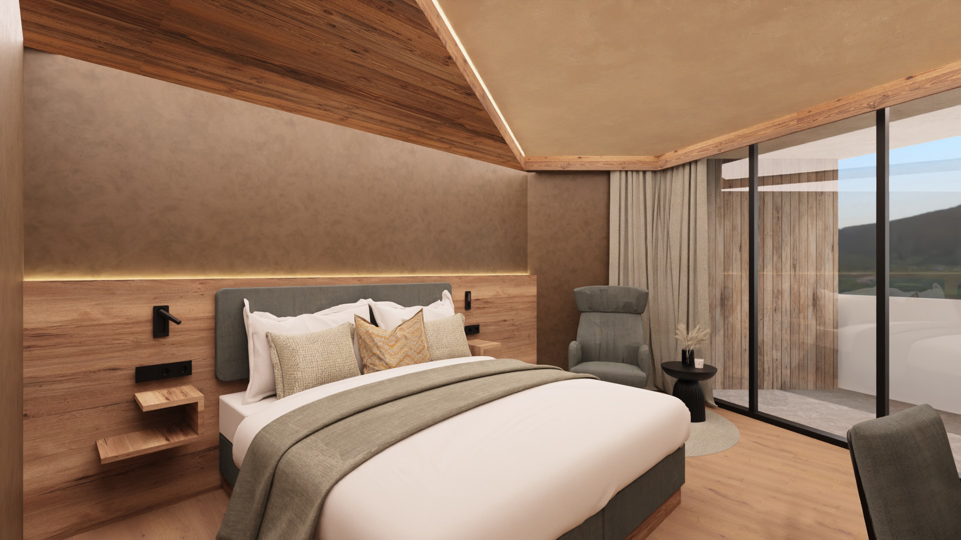 Modernes Schlafzimmer mit Holzdekor, einem Doppelbett, Leselampe und gemütlichem Sessel, umgeben von großen Fenstern.