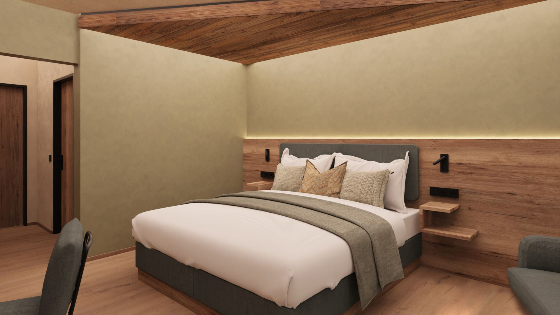 Modernes Schlafzimmer mit einem Doppelbett, Holzdetails, gemütlicher Beleuchtung und einem Stuhl in der Ecke.