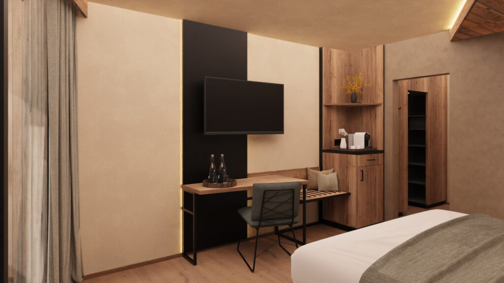 Modernes Zimmer mit Holzdetails, Fernseher, Schreibtisch, Minibar und Stuhl in neutralen Farben.