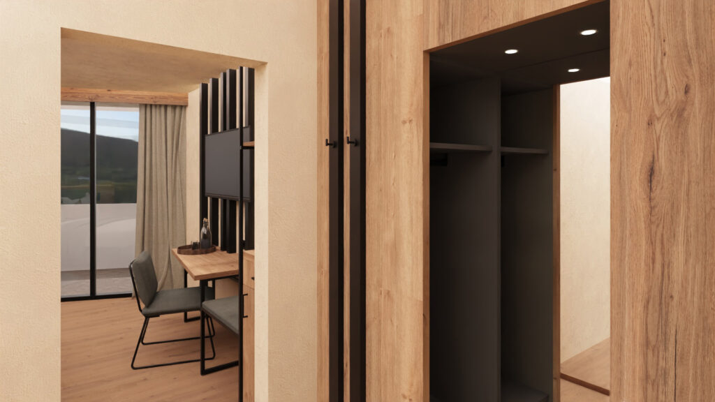 Modernes Zimmer mit Holzdetails, Tisch, Stühlen und einem Schrank, der in einem offenen Raum an eine Fensterfront grenzen.