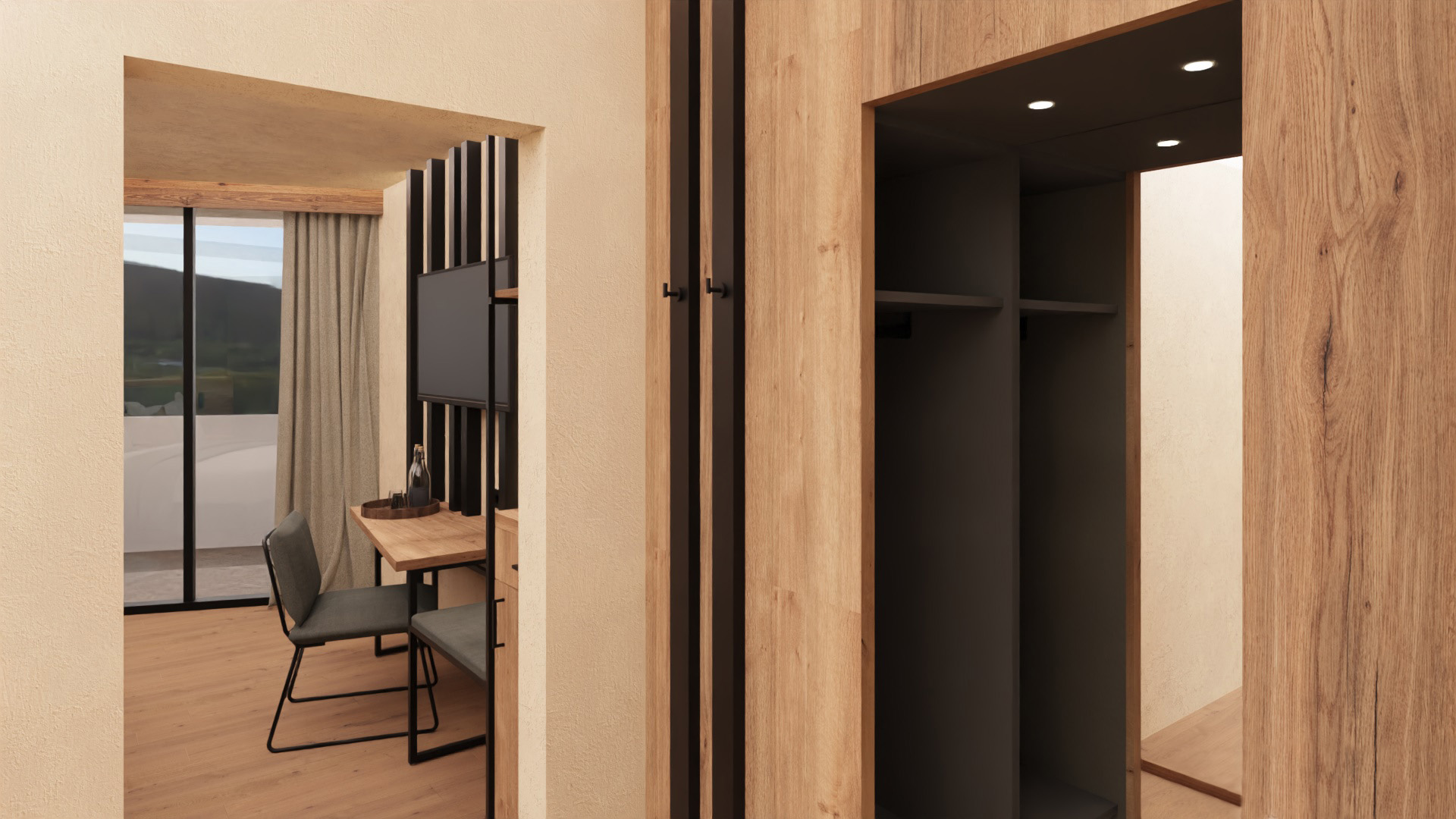 Modernes Zimmer mit Holzdetails, Tisch, Stühlen und einem Schrank, der in einem offenen Raum an eine Fensterfront grenzen.