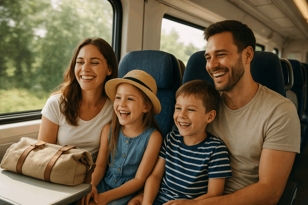 Eine Familie reist im Zug und lächelt fröhlich, während sie gemeinsam Zeit verbringen.