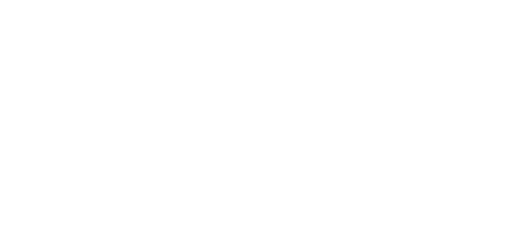 Logo des 'Verwöhn-Spa' mit einem Schiffsrad und einer Wellenlinie in weißer Schrift auf schwarzem Hintergrund.